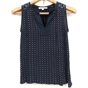 LOFT Blouse Sleeveless V-Neck Tank Top Mini Diamond Print Cut Out Trim Blue S